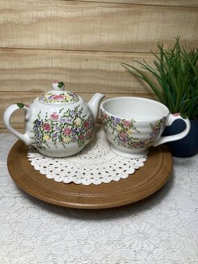 Floral Teapot & Teacup Set Hand Painted Cottage Shabby Chic Ceramic Cottagecore